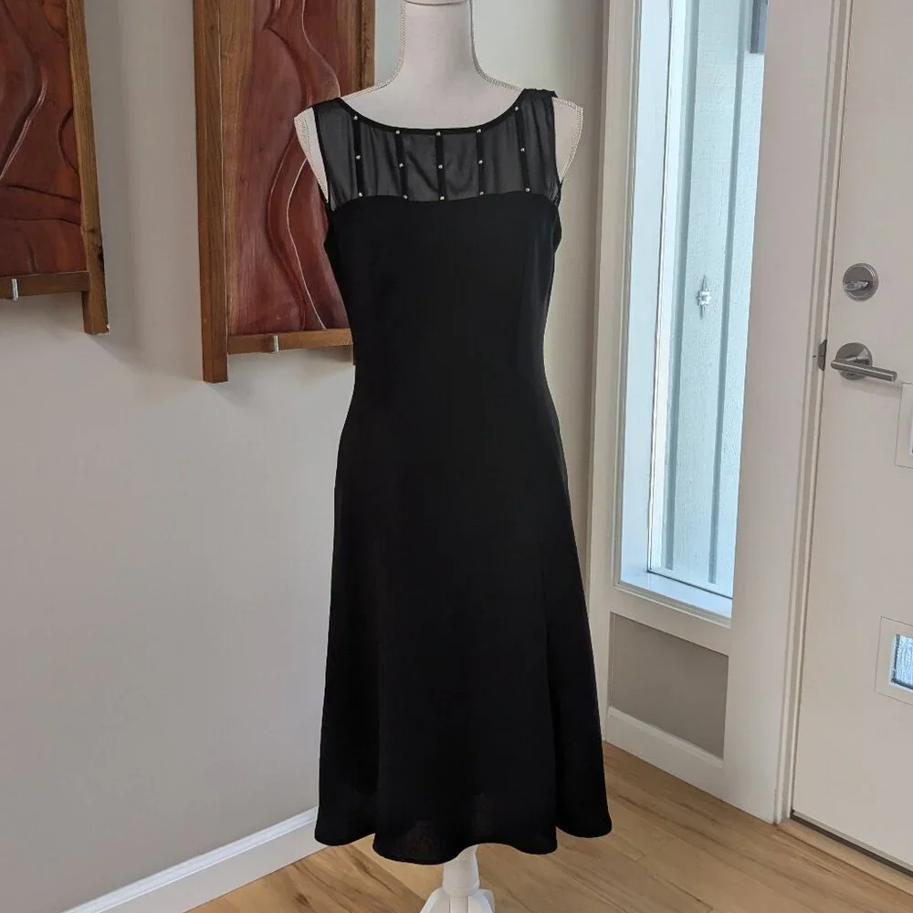 Vintage Jones Wear Black Mesh Crystal Cowl Back Dress Sz 10 Sleeveless LBD Goth